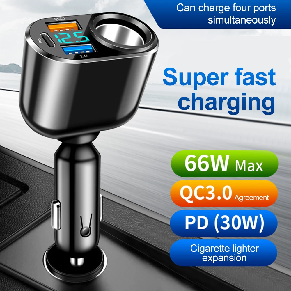 66W Dual USB QC3.0 Car Phone Charger PD Type C Fast Charging Car Mounted Cigarette Lighter For iPhone 14 Xiaomi Samsung Huawei