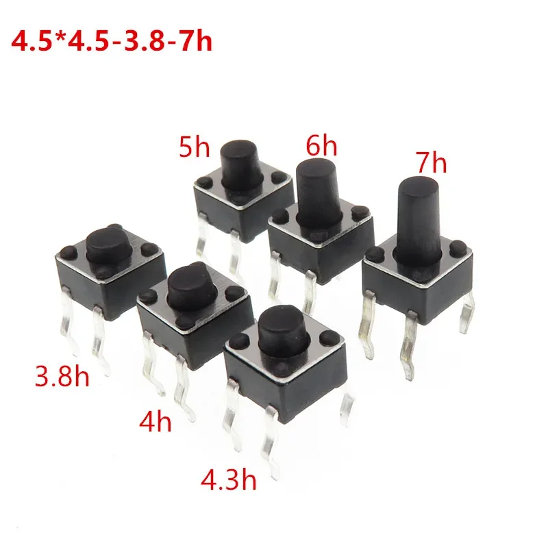 200pcs 4.5*4.5*4.3mm 4pin DIP Black Micro Push Button Switch Tactile Tact Momentary Electronic Switch