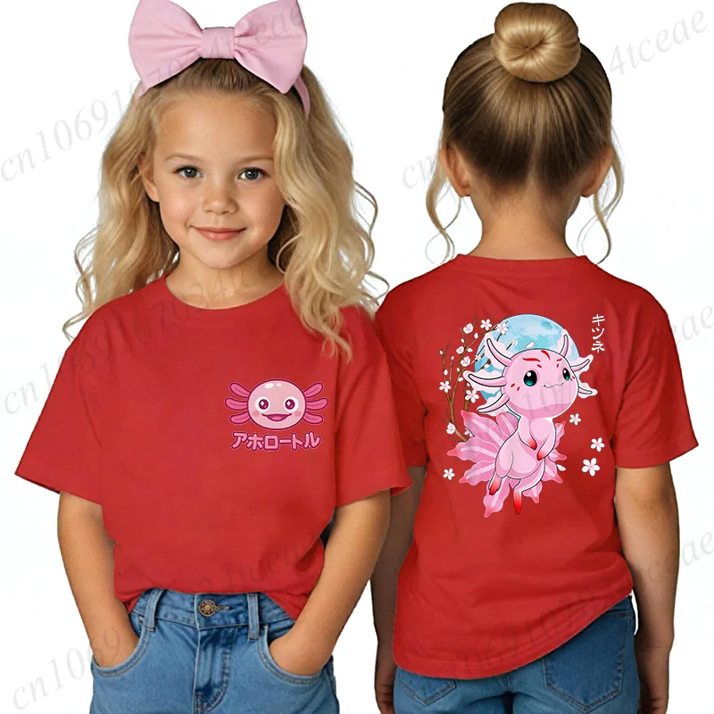 

Axolotl Anime Cartoon Children's T Shirt Clothing Kawaii Red Kids T-shirt Summer Children's Cotton Short-sleeved Casual Tee Tops