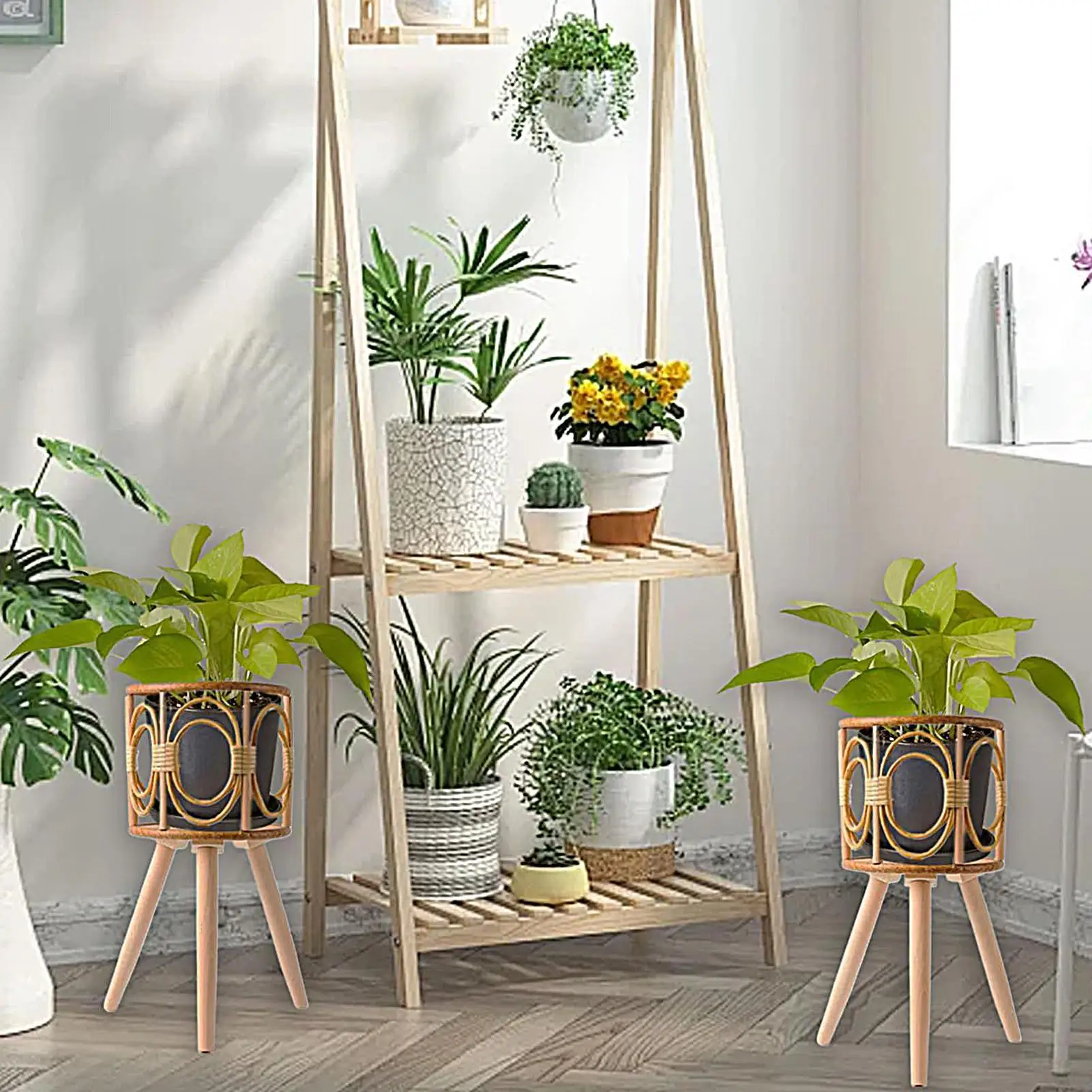 Rattan Plant Stand Indoor Standing Floor Stool Shelf Boho Display Rack Plant Shelf For Succulents Indoor Outdoor Balcony Desk