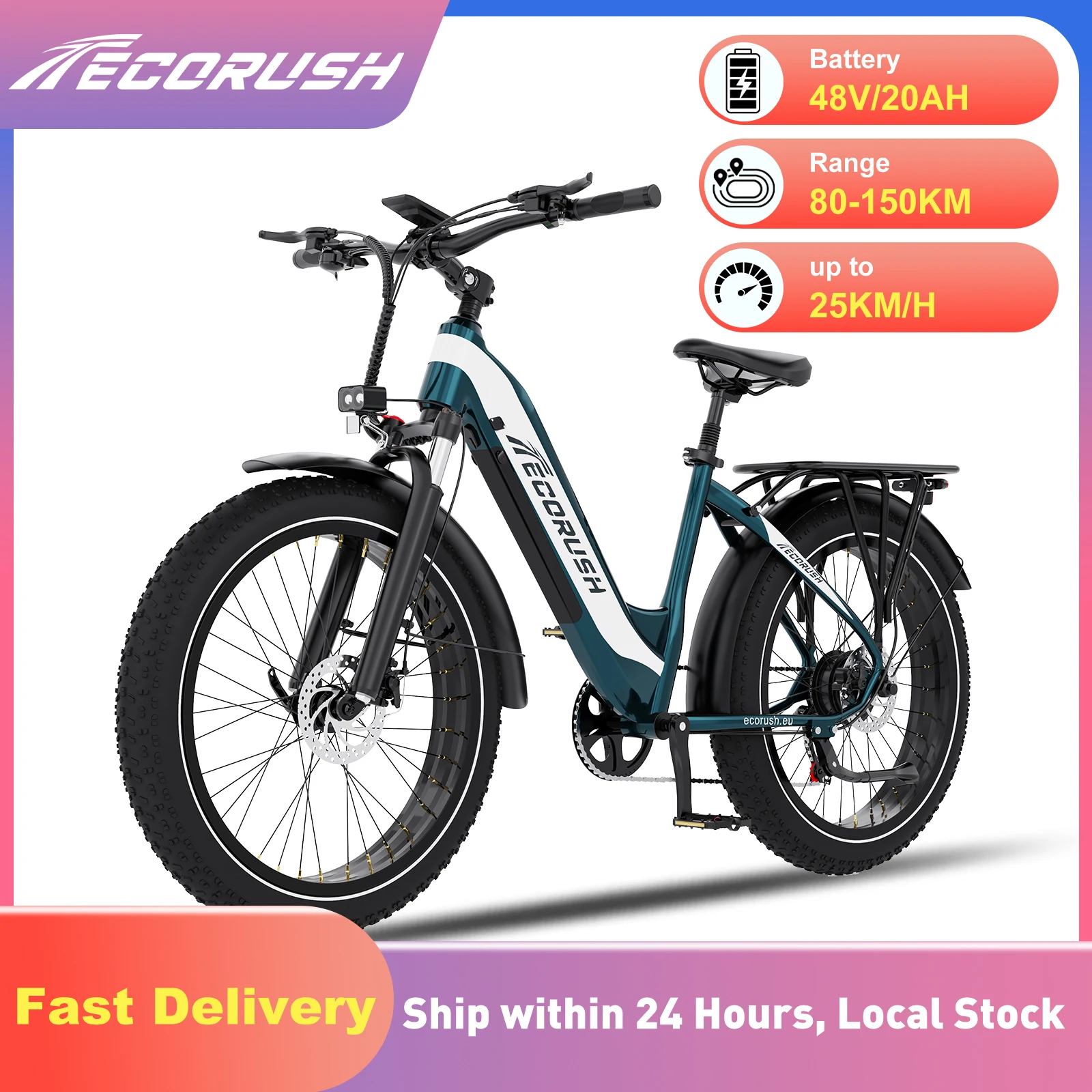 Rower elektryczny ECORUSH ECO R3, bateria 48V 20Ah, maksymalna prędkość 25 km/h, zasięg 80-150 km, ekran LCD, kompatybilność z aplikacją i NFC.