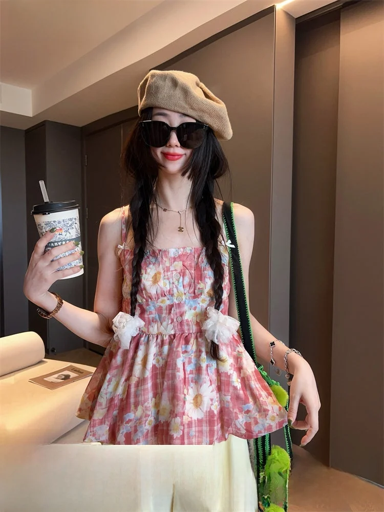 

Женская летняя майка-топ приталенного кроя с цветочным принтом, стандартной длины, для повседневной носки, с растительным узором