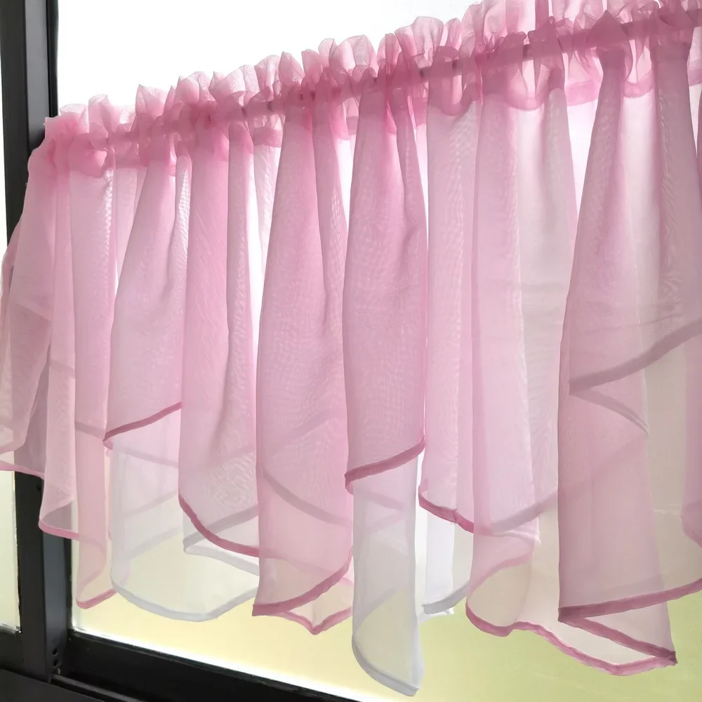Pink White Staggered Tulle Short Curtains for Kitchens Extra Wide Windows Wavy Ruffled Valance for Doorway Rod Pocket Drapery