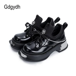 Gdgydh Chunky Platform Stompers with Chain Metal Decor Patent Leather Retro Oxford Shoes for Women Heels Goth Casual Sneakers