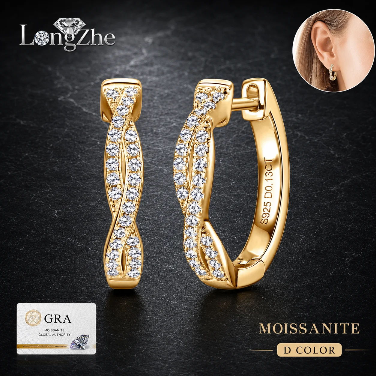 LongZhe 925 Sterling Silver Moissanite Hoop Earrings For Women Twisted Pave Gold White Color Jewelry Gift GRA Certificate