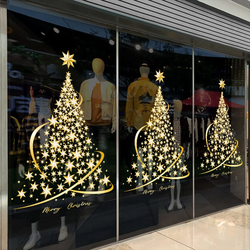 1PC Large Golden Christmas Tree Window Clings Stickers for Glass, Xmas Decals Home Decorations Holiday Christmas Decoration 2023