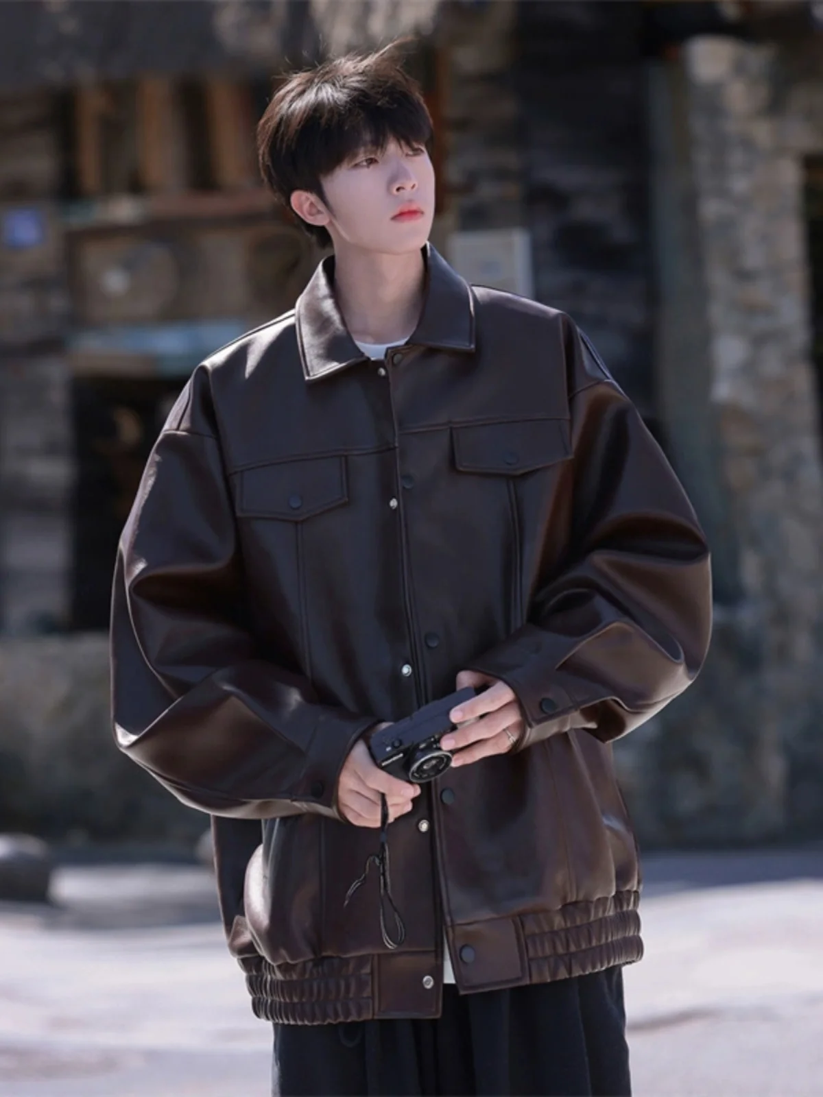 

American Retro PU Leather Jaet Men's Spring Autumn High Sensation Motorcycle Vintage Outerwear Faionable Youth Loose Fit