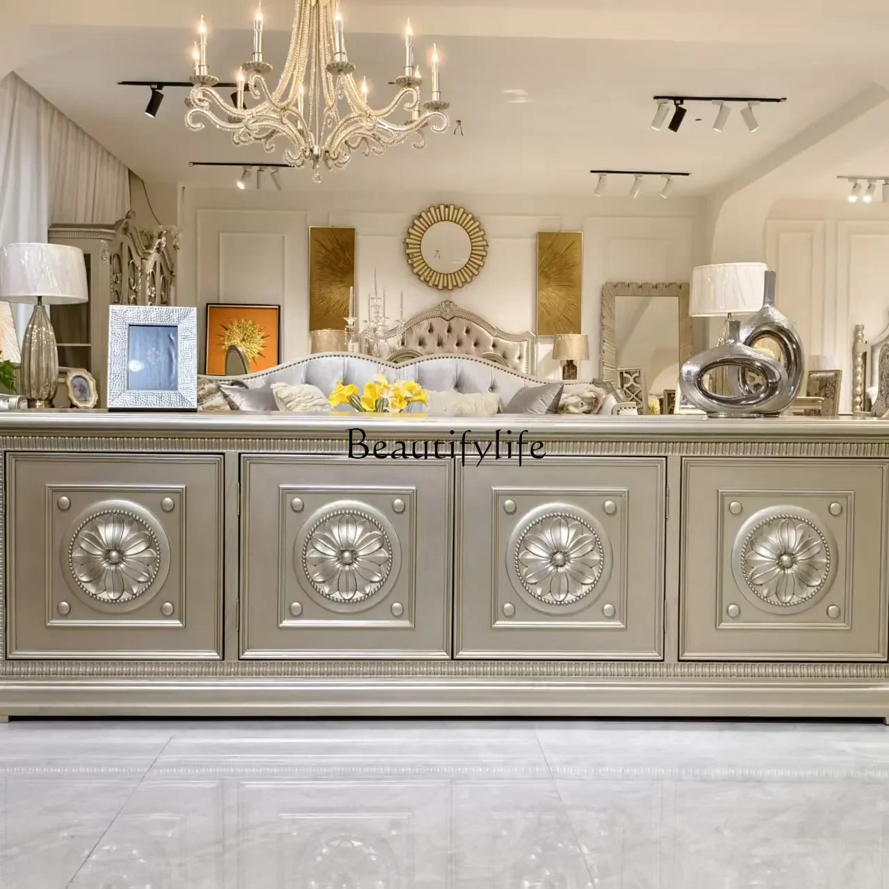 

yj19 American retro TV cabinet coffee table combination light luxury solid wood carving flower floor cabinet