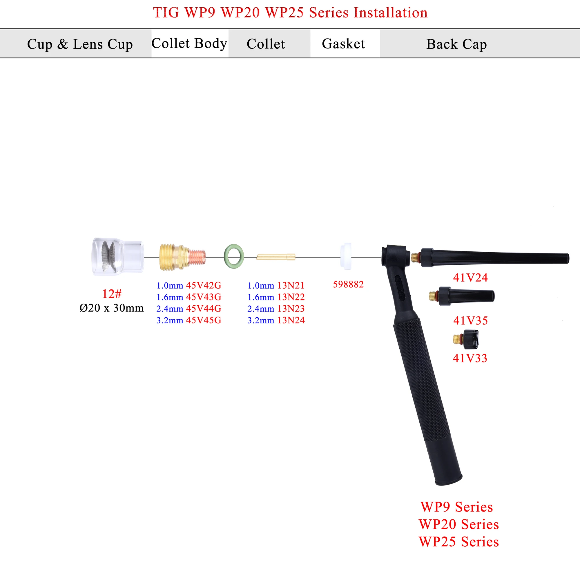 12pcs TIG Welding  #12 High Temperature Glass Cups Kit Torches WP9 20 25 Stubby Collets Body Gas Lens Sets