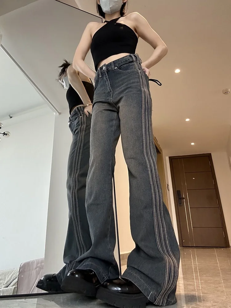 American Vintage Jeans For Women Aesthetic Low Rise Flare Pants Fashion Cyber Y2k Streetwear Denim Trousers Femme