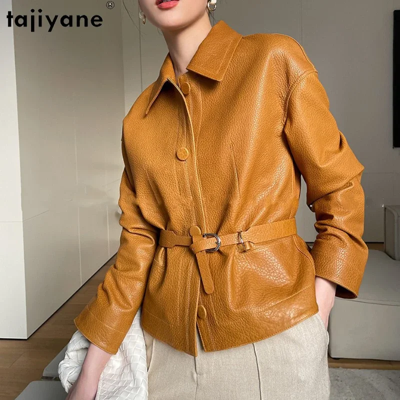 Tajiyane 100% Real Leather Jacket Women Short Coat Slim Turn Collar Genuine Sheep Charming Stylish Belt Office Youth Casual Wear