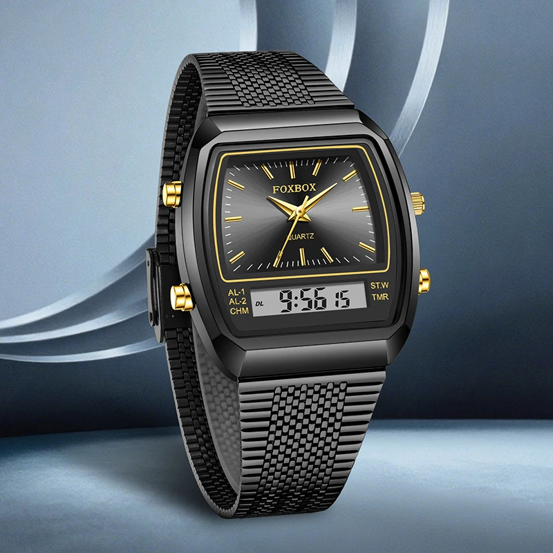 FOXBOX Luxury Fashion Electronic Man Watch Stainless Casual Alarm Waterproof Quartz Dual Digital Display Men Watches Chronograph