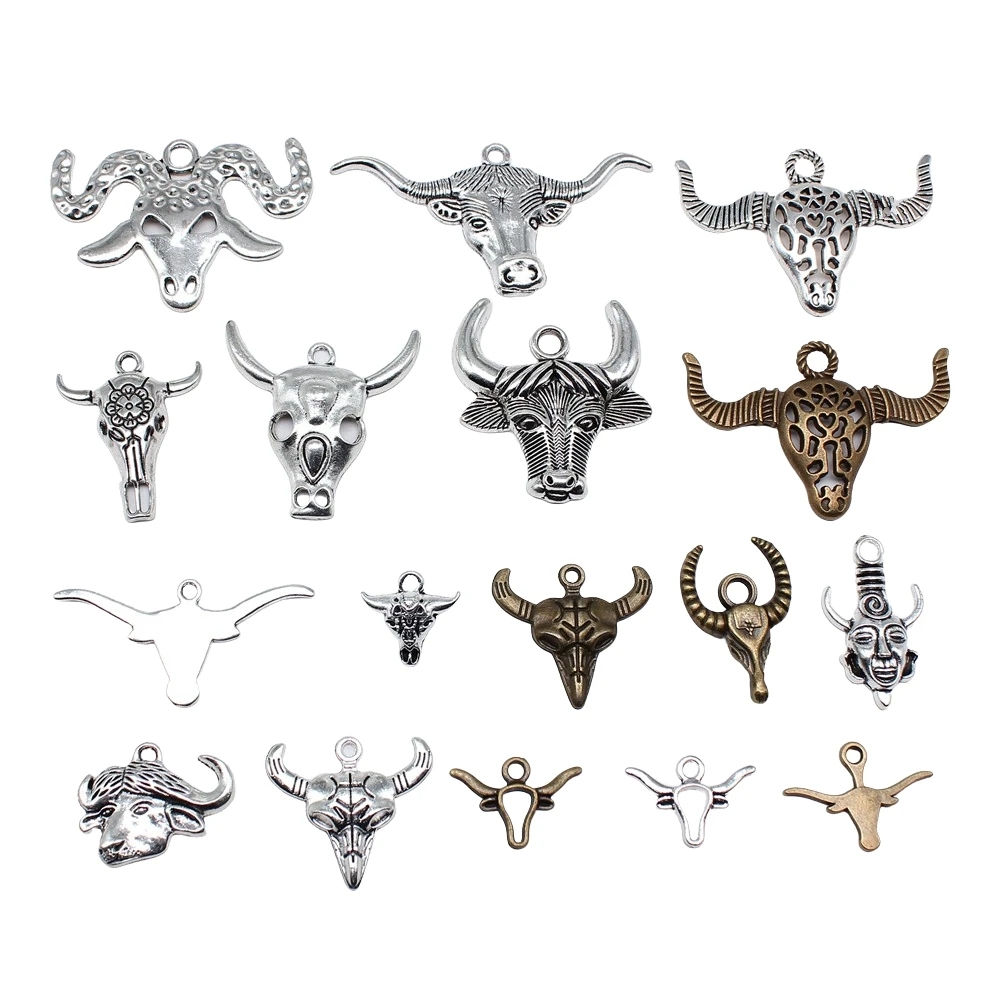 10pcs Witch Charms Bull Skull Antique Bronze Silver Color Pendants Making DIY Handmade Jewelry Factory Wholesale