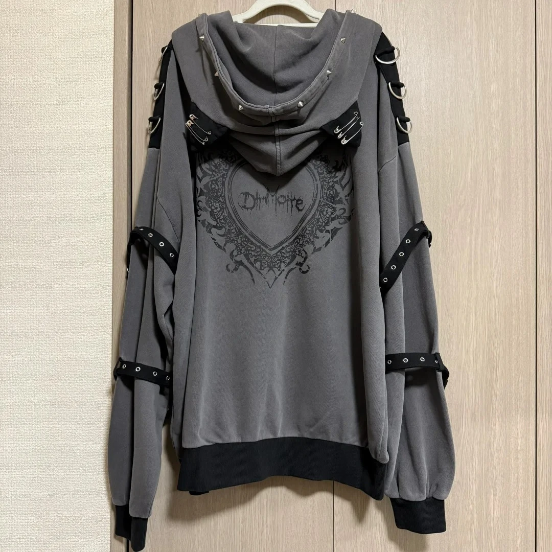 เสื้อฮู้ดสตรีทแวร์สไตล์ฮาราจูกุ เสื้อแจ็คเก็ตมีฮู้ดสำหรับผู้หญิง เสื้อพังก์มีซิป เสื้อโค้ทสไตล์ญี่ปุ่น ลายหมุด วินเทจ ลำลอง สไตล์ Y2K เสื้อสเวตเชิ้ต