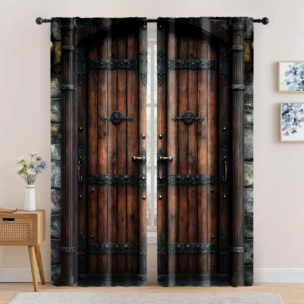 2pc, Window Curtains Vintage iron wooden door print Fabric,Without Electricity Festive Backdrops Perfect for Room_bedroom_Window