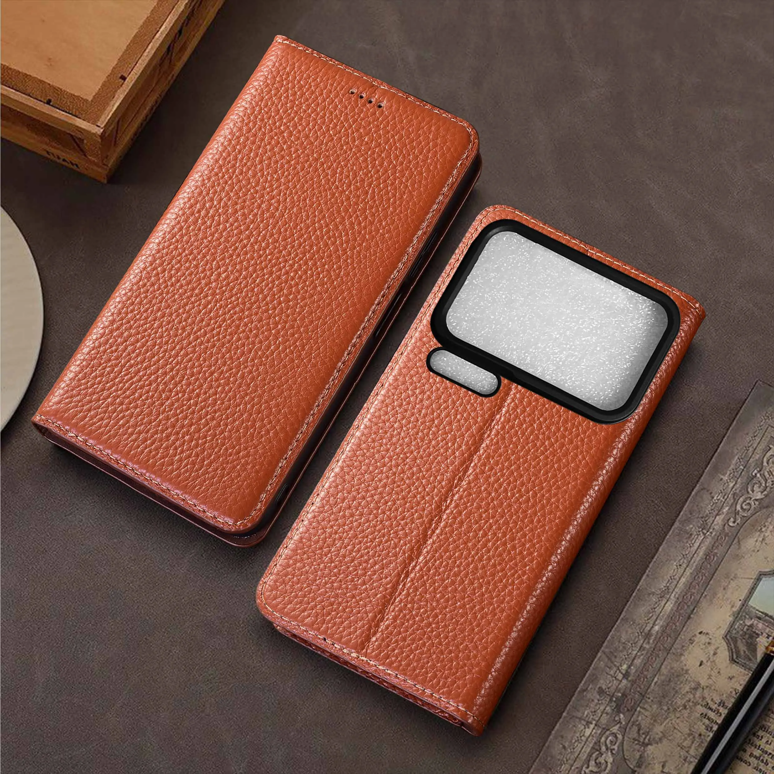 

Genuine Leather Phone Case For Xiaomi 13 13T 14 14T 15 15S 17 Pro Ultra Civi Lite Large Lychee Pattern OfFlip Cover Case Cowhide