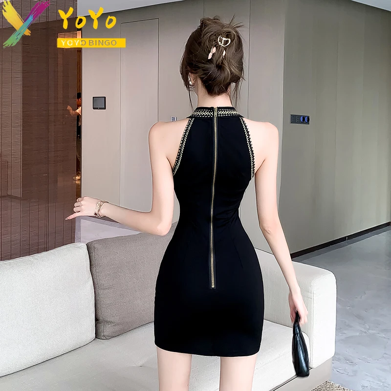 Sexy Black Sequin Sleeveless Hanging Neck O-neck Party Dresses 2024 Summer Fashion Elegant Slim Bodycon Luxury Nightclub Dress