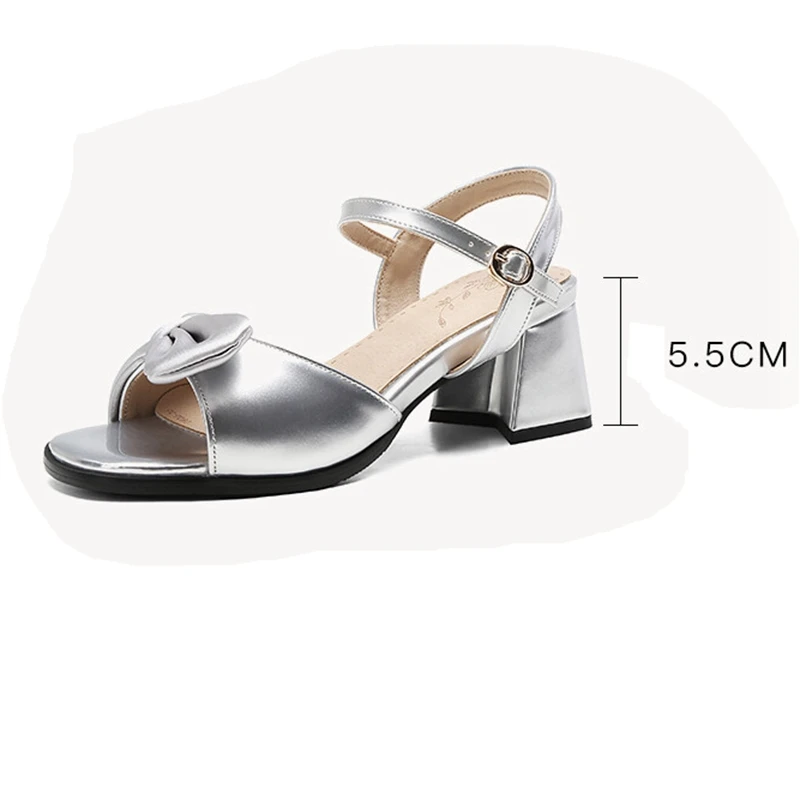 ASILETO 2024 New Peep Toe Round Women Sandals Big Bowtie 5.5cm Thick Heel Ankle Strap Big Size 44 45 46 Dress Silver White