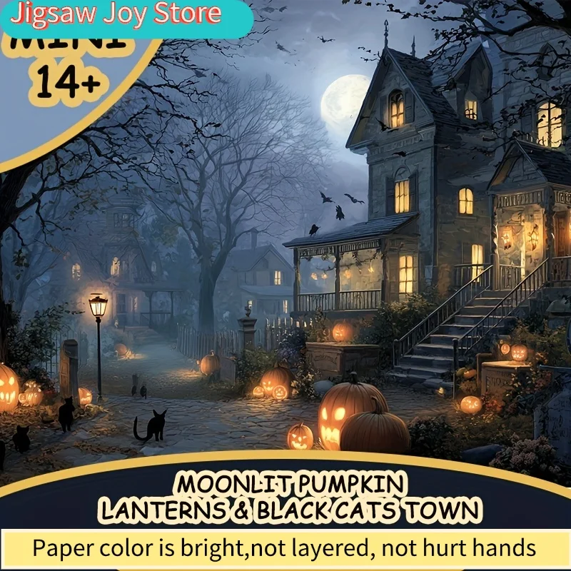 1 Box(500 - piece) Puzzles for Adult Moonlit Pumpkin Lanterns & Black Cats Town Applied for Party Games & Activities, with a m