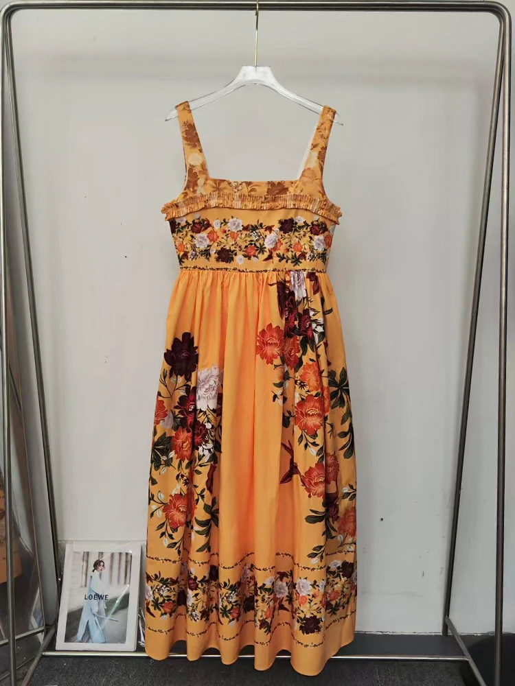 Designer Retro Positioned Print Draped Suspender Dress 2026 Summer Women's Fashion Fashion Smocked Waist Loose Puff Skirt