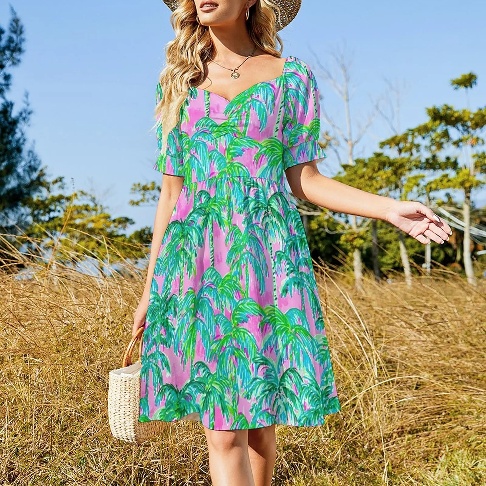 The Pink Green Coconut Trees Sleeveless Dress Prom gown dress women elegant luxury