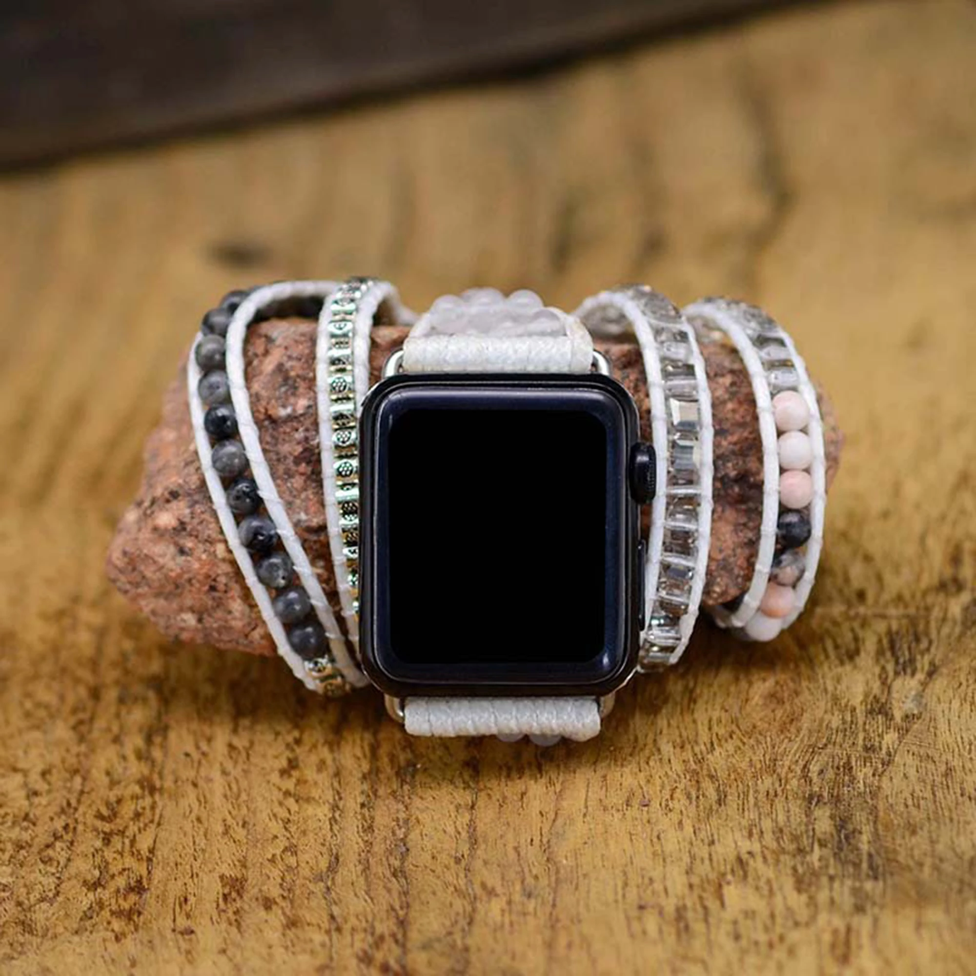 

White Black Watch Strap 4mm Crystal Labradorite Watchband Smart Watch Band Bracelet Apple Watch 38 42 40mm Fashion Jewelry