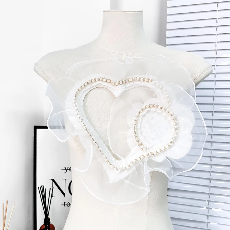 White Double Layer Organza Heart Pleated Patch with Pearl Lace Trim for DIY Wedding Dress Decoration Handmade Clothes Appliques