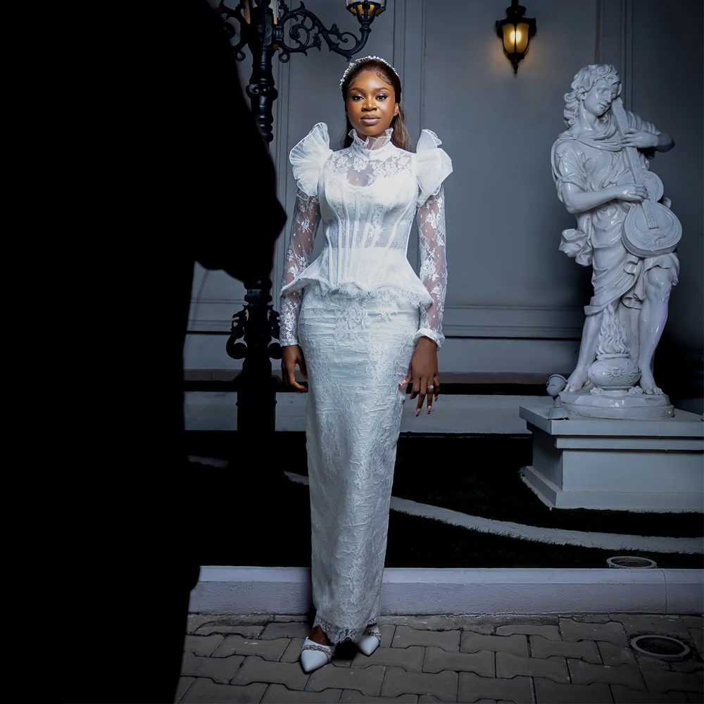 

Customized Mermaid Wedding Dresses 2025 High Neck Lace Bride Gowns African Full Sleeve Tulle Applique Luxury vestidos de novia