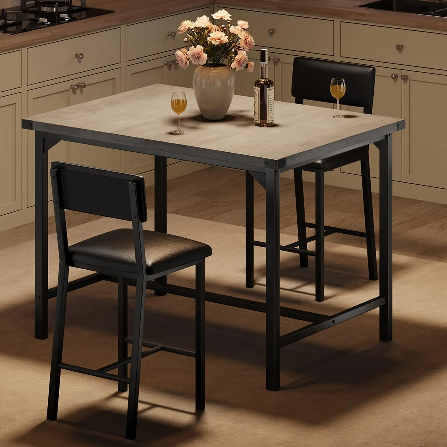 

Counter Height Dining Table Set For 2 With 2 Upholstered Bar Chairs Retro Black Industrial Style