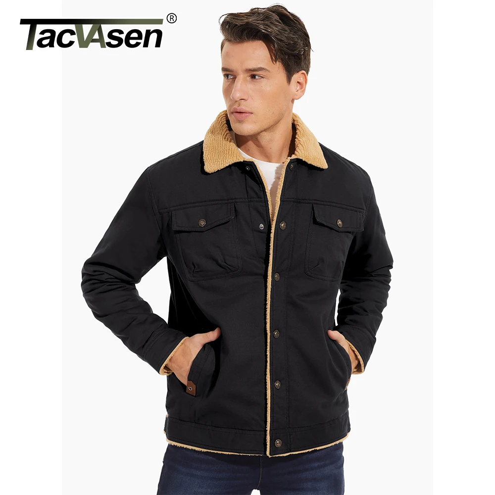 TACVASEN Men\'s Winter Sherpa Fleece Lined Jacket Turn-down Collar Working Cargo Trucker Jacket Multi-pockets Soft Warm Coat