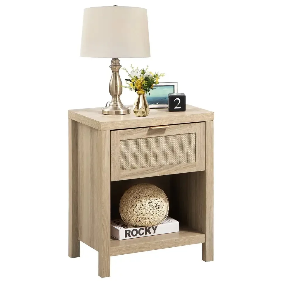 

Rattan Nightstand Bedside Table with Drawer and Storage Shelf, Natural Boho Night Stand End Table Side Table, Nightstands