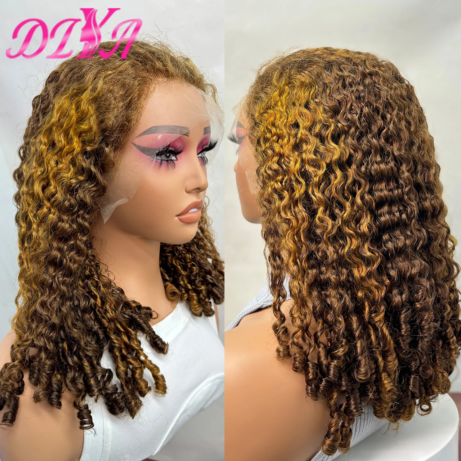 

250% Density Double Drawn Honey Blonde Highlight Piano Color Curly Wave Human Hair Wig for Women 13x4 Lace Frontal Bouncy Wigs