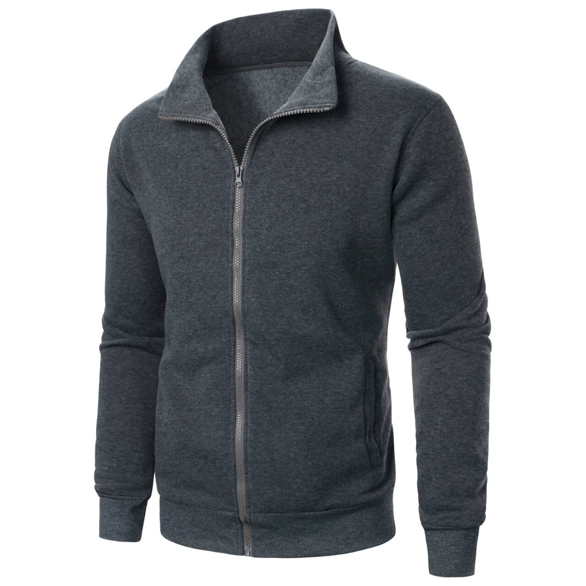 Men's Casual Sports Zipper Stand Up Collar Jacket, Men's Solid Color Top