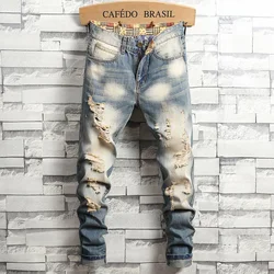 2024 New Retro Distressed Ripped Slim Jeans for Men Street Hip-hop Stretch Straight Fashion Motorcycle Denim Trousers Male