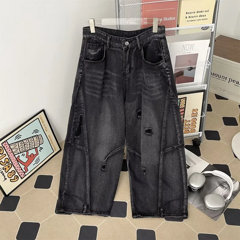 Men Jeans Straight Cut Baggy Denim Trousers Man Pants Retro Distressed Faded Loose Streetwear Patchwork Hole Pant