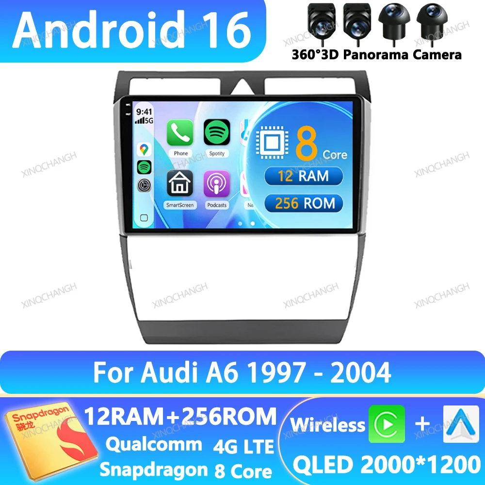 Android 16 Car Radio For Audi A6 C5 1997 - 2004 GPS Head Unit Multimedia Video Player 4G WIFI Qualcomm BT QLED Navigation 2DIN