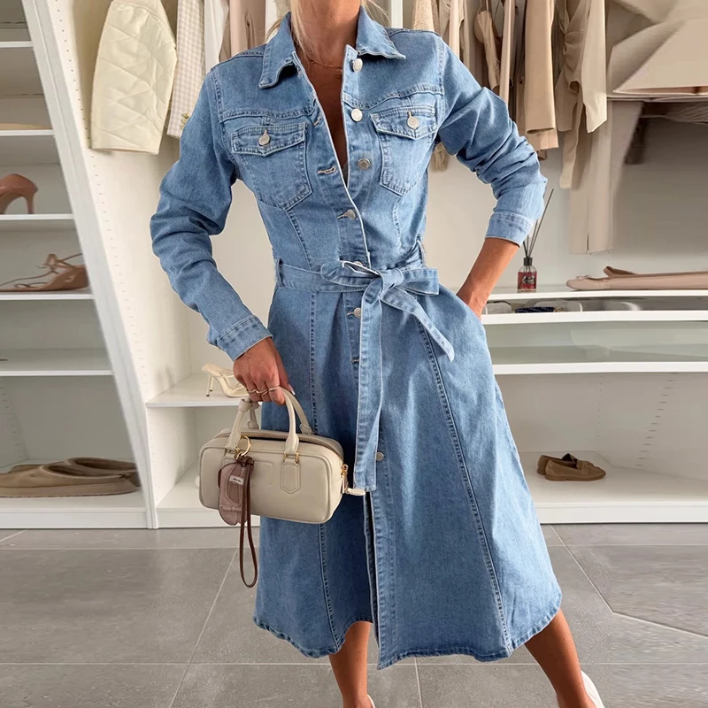 Moda Jednorzędowa sukienka z kieszenią Nowa Casualowa damska długa koszula z klapami Sukienki Wiosna Solidna długa sukienka z długim rękawem Denim