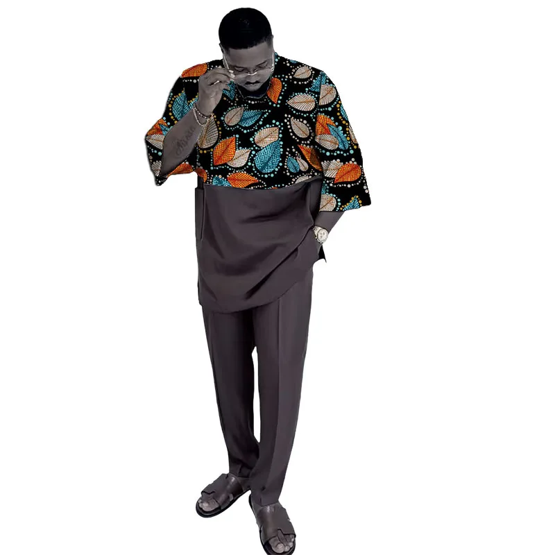 

Original Design African Couture Men’s Set 3/4 Sleeves Black Set Patchwork Top With Elastic Waist Pant Tailored Party Outfit
