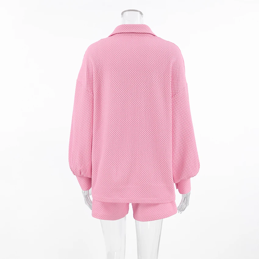 HiLoc Pink Casual Woven Inelastic Women Pajamas Two-Piece Long Sleeve Lapel Single-Breasted Top Elastic Waist Shorts 2026 Autumn