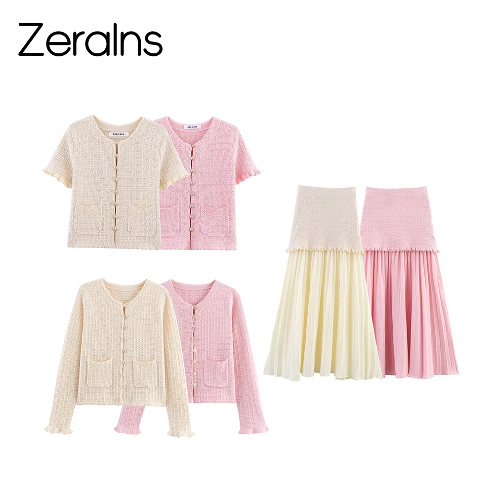 ZERAINS Summer new women's clothing European and American layered decoration round neck short sleeved knitted three piece set
