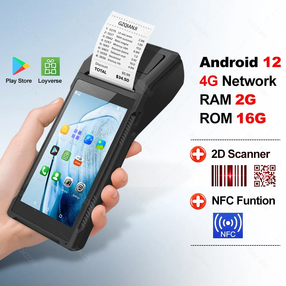 Android 11/12 POS PDA met 2D barcode scanner, NFC, 58mm bonprinter, handheld terminal, Point of Sale systeem, alles-in-één, 4G/64G