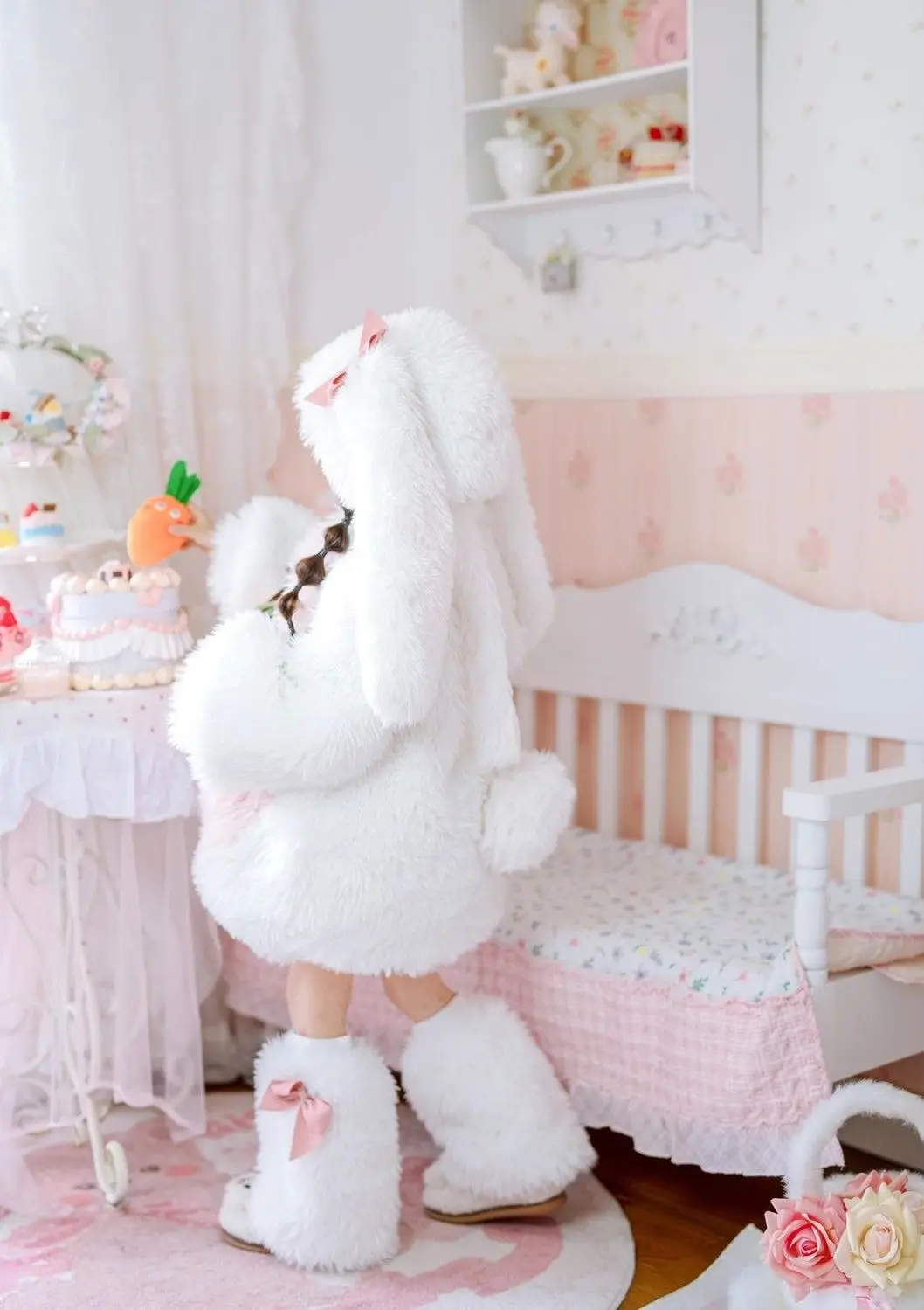 Cartoon Kinder Plüsch-Kaninchen Cosplay Kostüm Kawaii Mädchen Winter Warme Sets Top Hose Mütze Anzug 1-10 Jahre Mädchen Party Outfits Geschenk – Detail 4