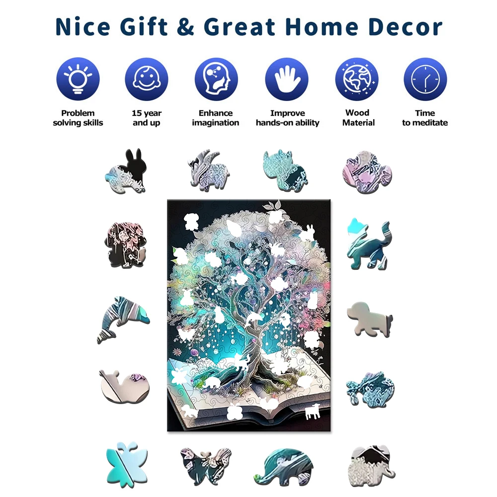 Book tree Wooden Puzzle Toys, Unique Shaped Animals Wooden Jigsaw Puzzle, Family Game, Christmas Birthday Gift Home Decor