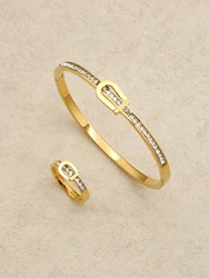 1Set/2pcs Stainless Steel Bracelet for Women Fashionable High-end Couple Curved Carved Love Bracelet Ring Jewelry Set Gold Color