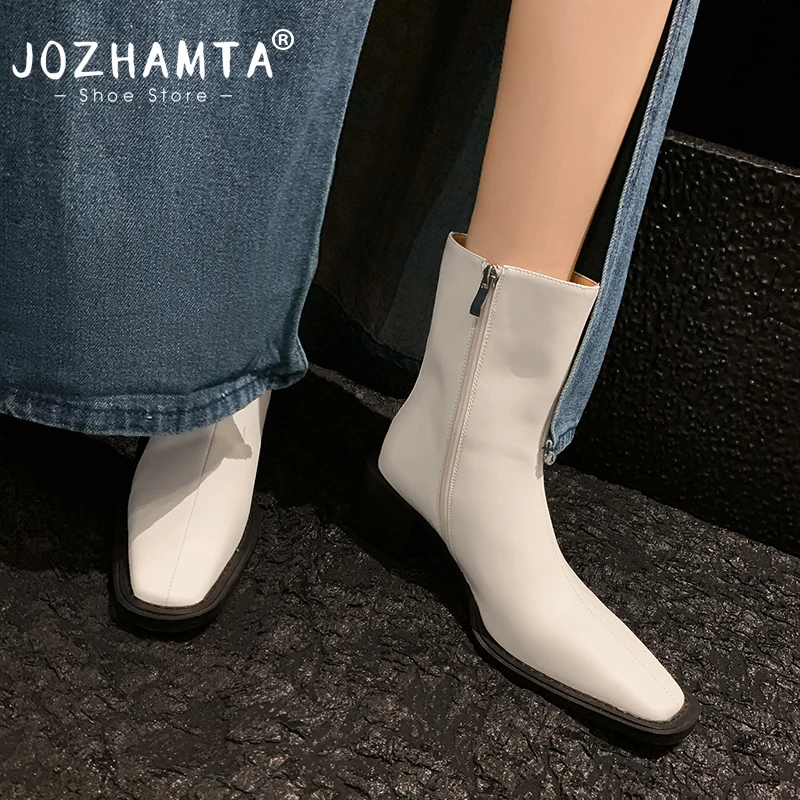 JOZHAMTA Size 34-40 Women Ankle Booties Genuine Leather Thick High Heels Shoes Fall Winter Side Zipper Office Dress Short Boots