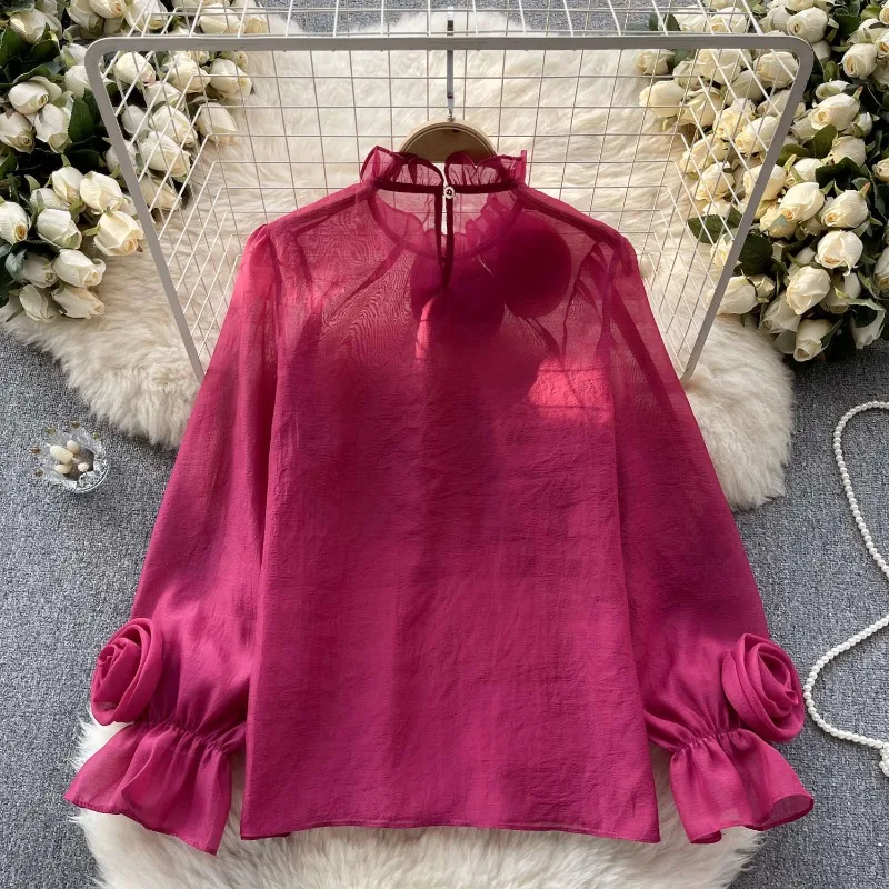 Long Sleeve Shirt Blouse Design 3D Roses Bubble Sleeves Floral Solid Womenswear Office Lady Red Chic Slim