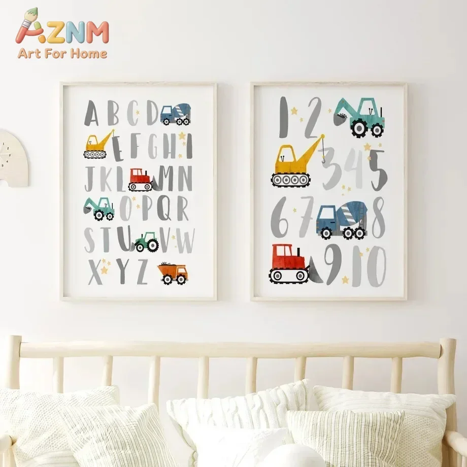 Cute Cartoon Construction Vehicle Alphabet Number 2D Flat Frameless , Nordic Kids Room Home Decor, Print for Toddler Bedroom