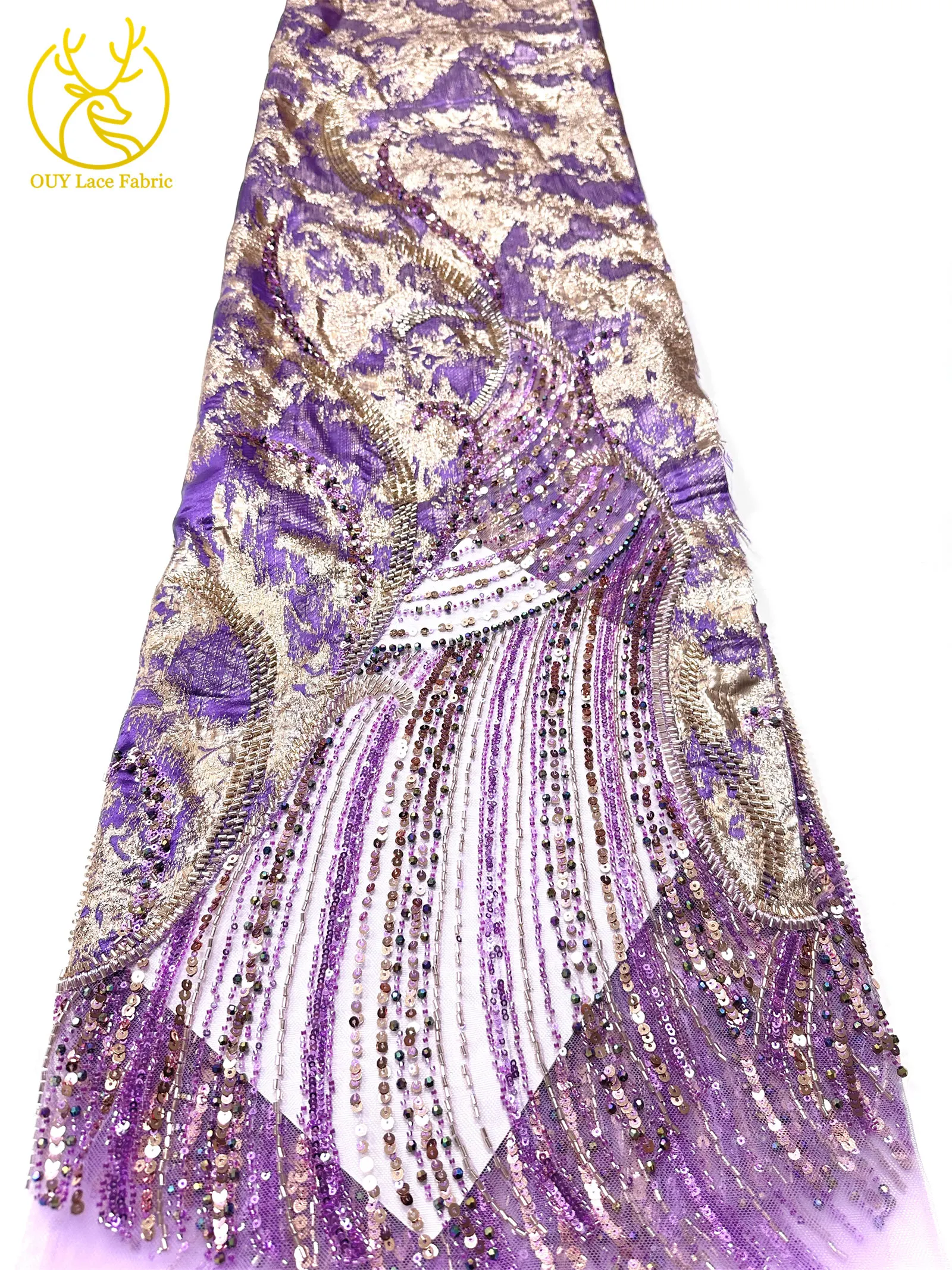 Lila luxuriöser afrikanischer schwere Perlen-Chiffon-Spitzenstoff 2026 Hochwertiger nigerianischer Pailletten-Spitzenstoff für Abendkleider 5 Yards – Detail 14