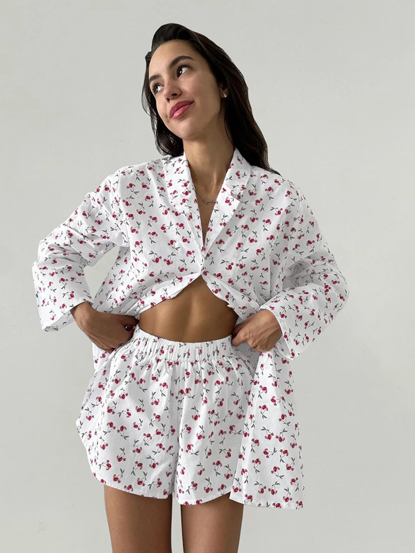 Marthaqiqi Causal Printing Women Sleepwear Set Long Sleeve Nightwear Sexy Turn-Down Collar Pajamas Shorts Spring Nightgowns Suit