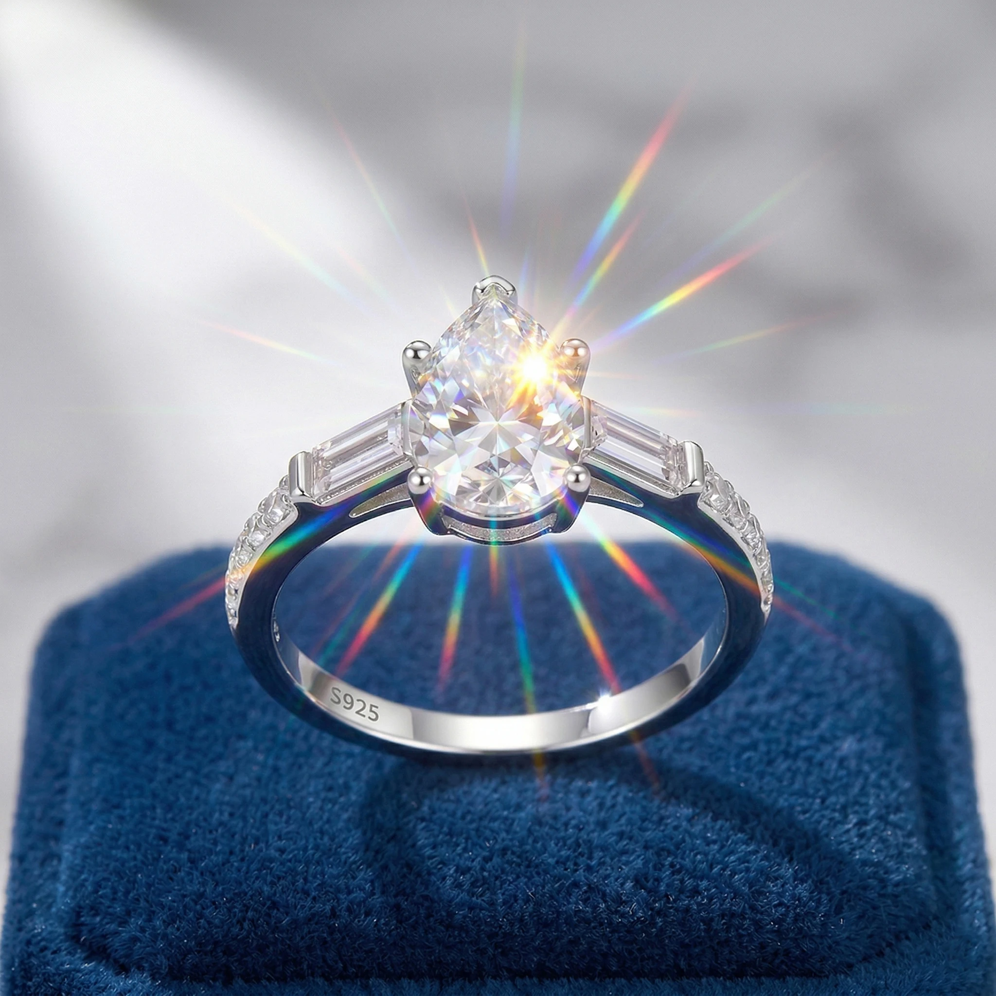 

Pear Moissanite Ring, 925 Silver, D Color VVS1, 2.5ct Baguette Side Stones, Light Luxury Engagement Women's, Cert Quality